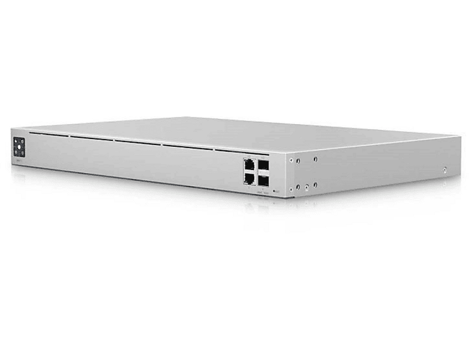 Szary serwer z czterema portami i logo na czarno-białym tle.