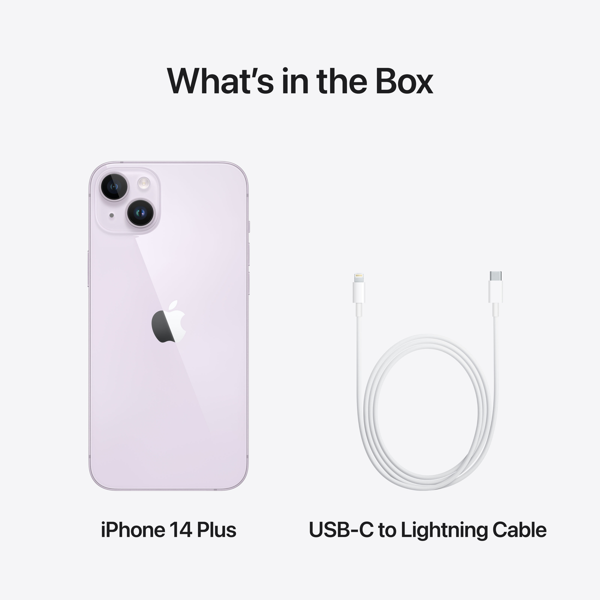Zawartość białego pudełka: iPhone 14 Plus i kabel USB-C do Lightning.