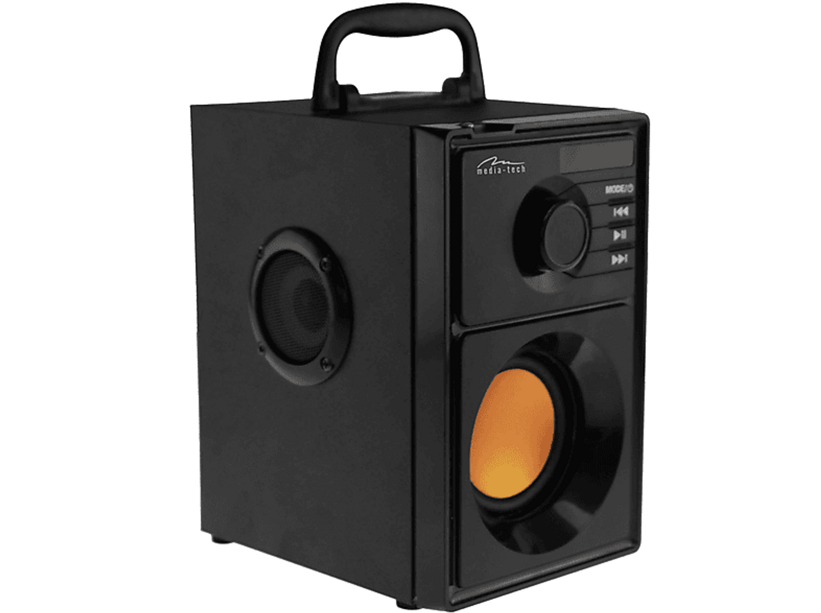 Czarny głośnik z uchwytem, przyciskami i przednim głośnikiem z pomarańczową siatką na czarnym tle.