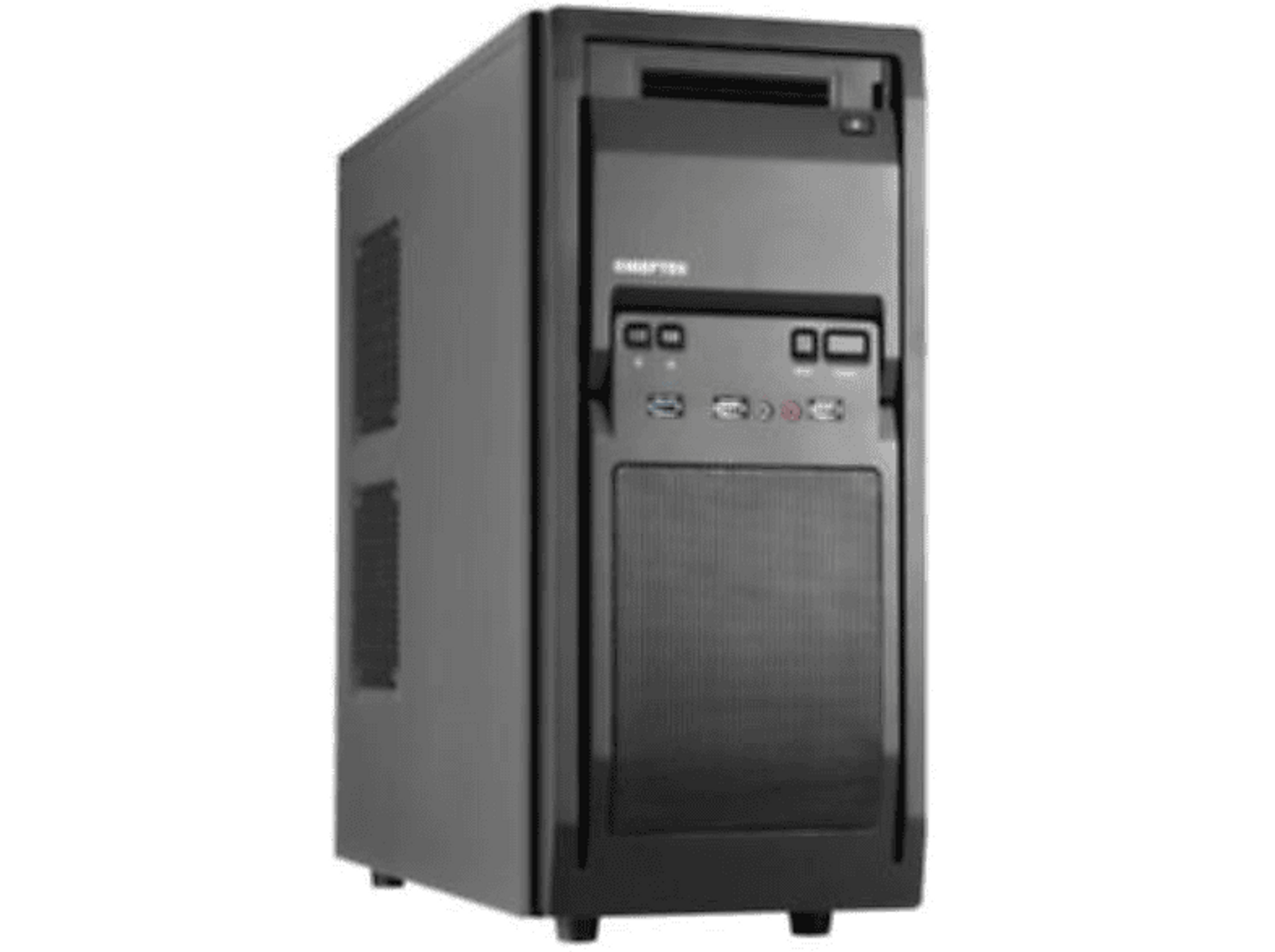 Czarna obudowa komputera. Ma porty i wentylację.