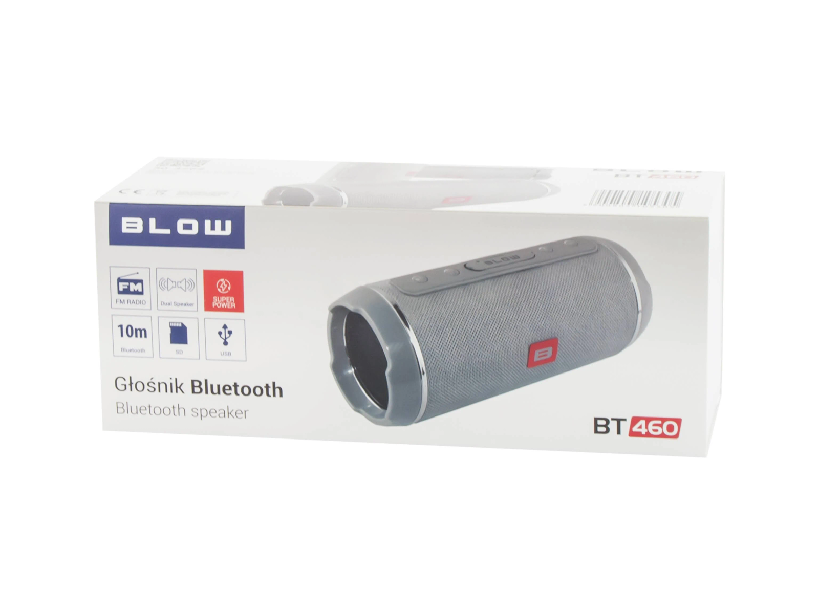 Altoparlante Bluetooth Blow grigio e nero in una scatola bianca, con testo e icone.