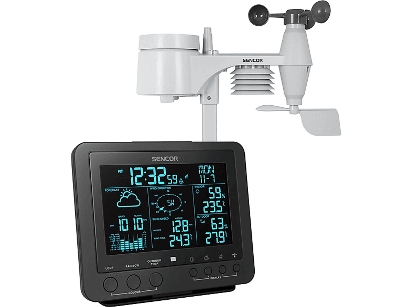 Stacja pogodowa z wyświetlaczem oraz czujnikami wiatru i deszczu.