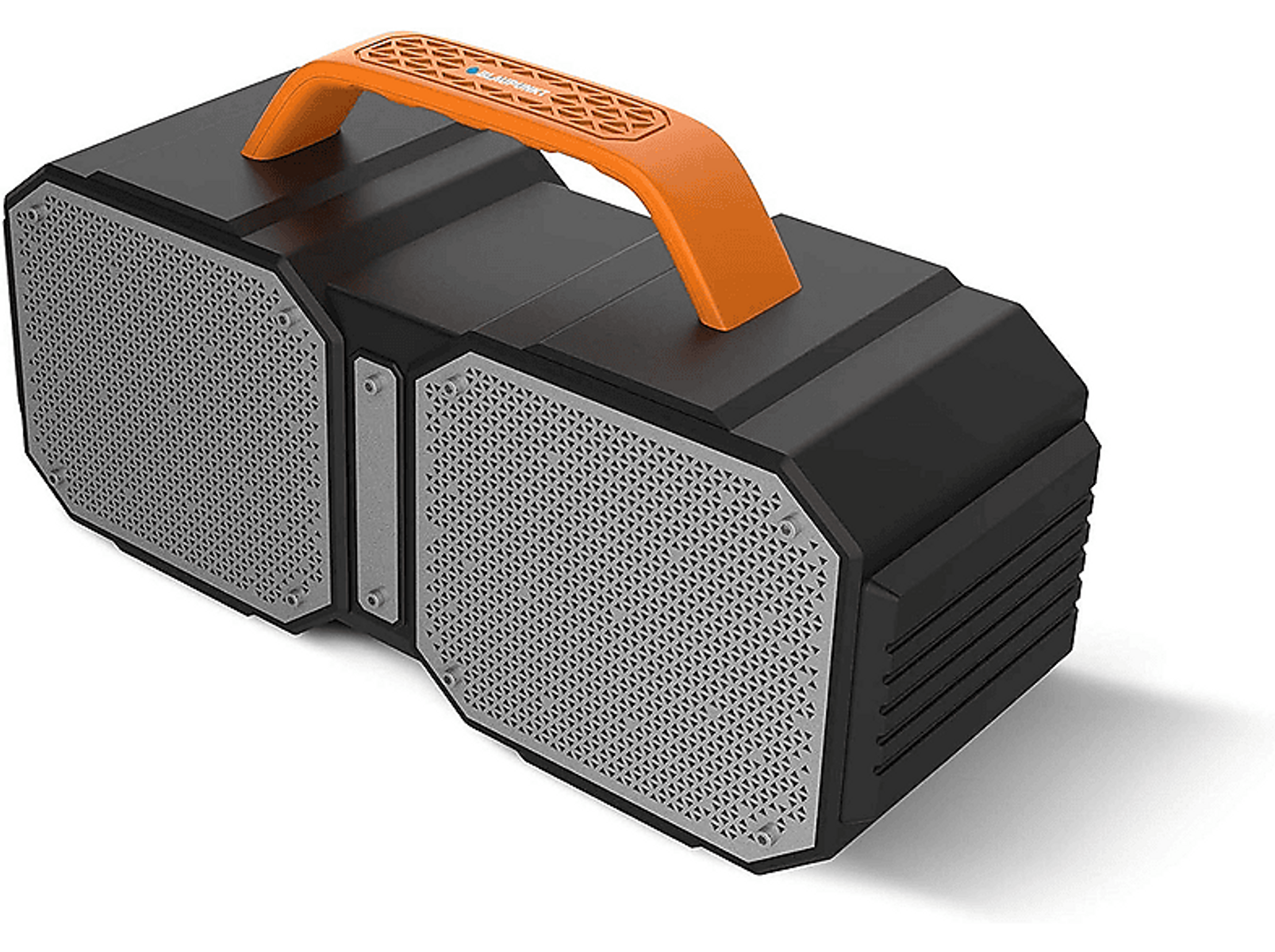 Schwarzer und grauer Lautsprecher mit orangefarbenem Griff. Mesh-Front und -Rückseite.