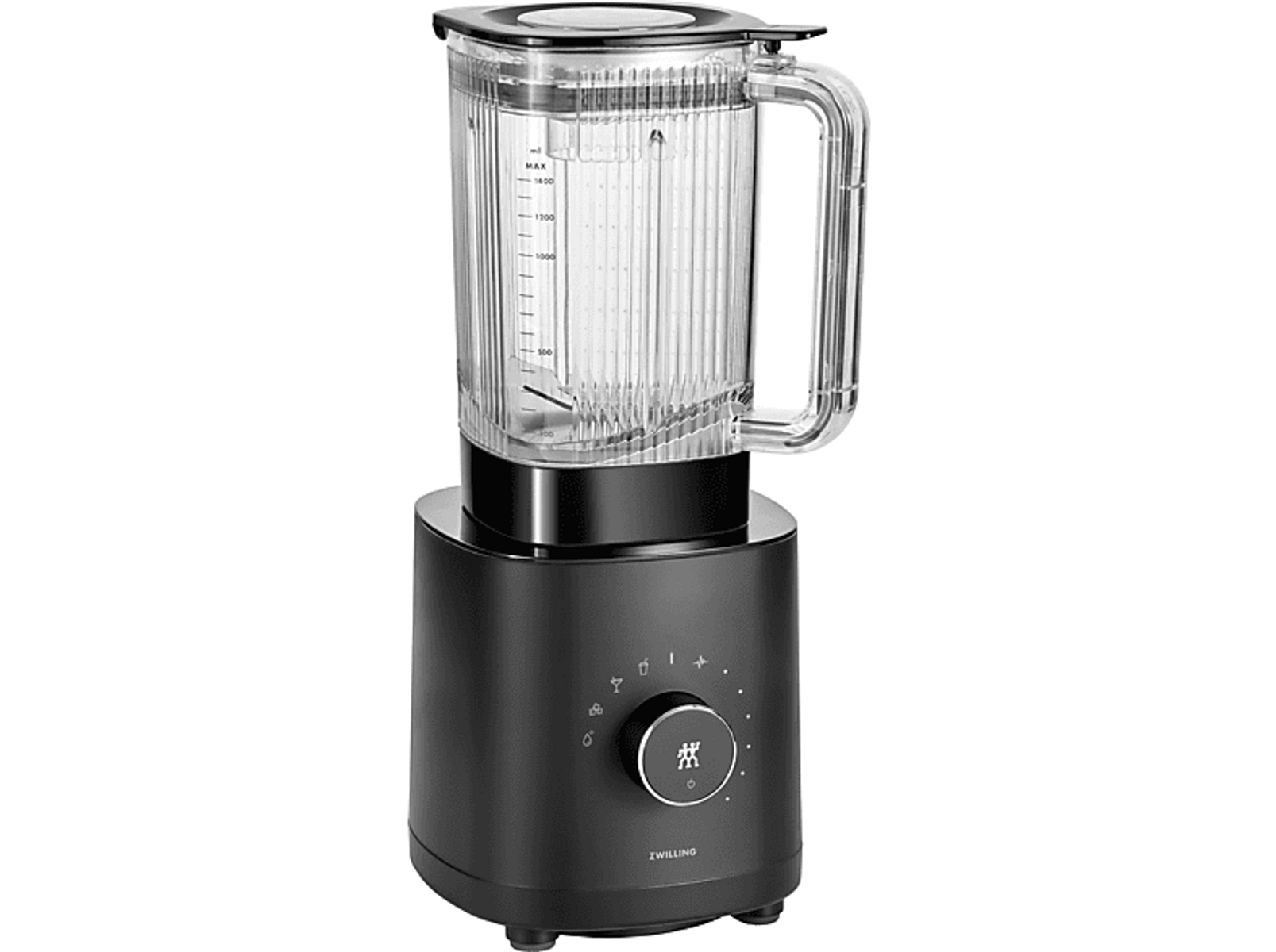 Ein schwarzer Mixer mit einem transparenten Behälter. Der Behälter zeigt Messlinien.