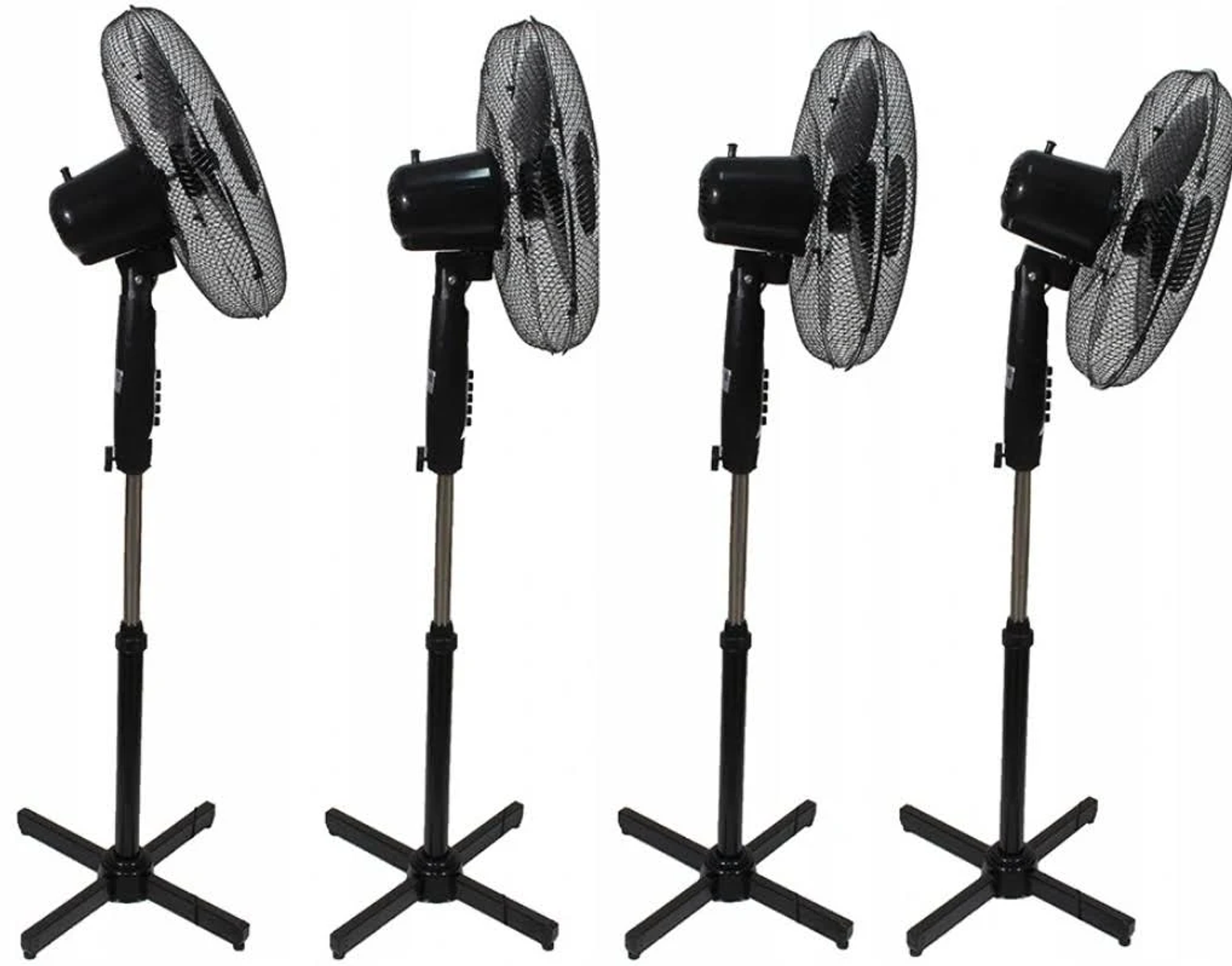 Cztery czarne wentylatory stojące na białym tle. Są włączone.