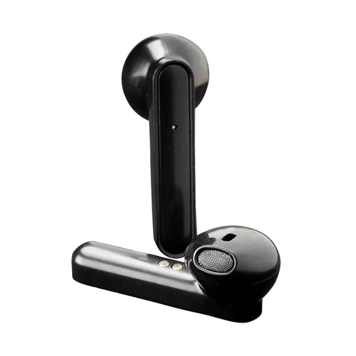 Dos auriculares inalámbricos negros. Uno está de pie, el otro está acostado con el altavoz visible.
