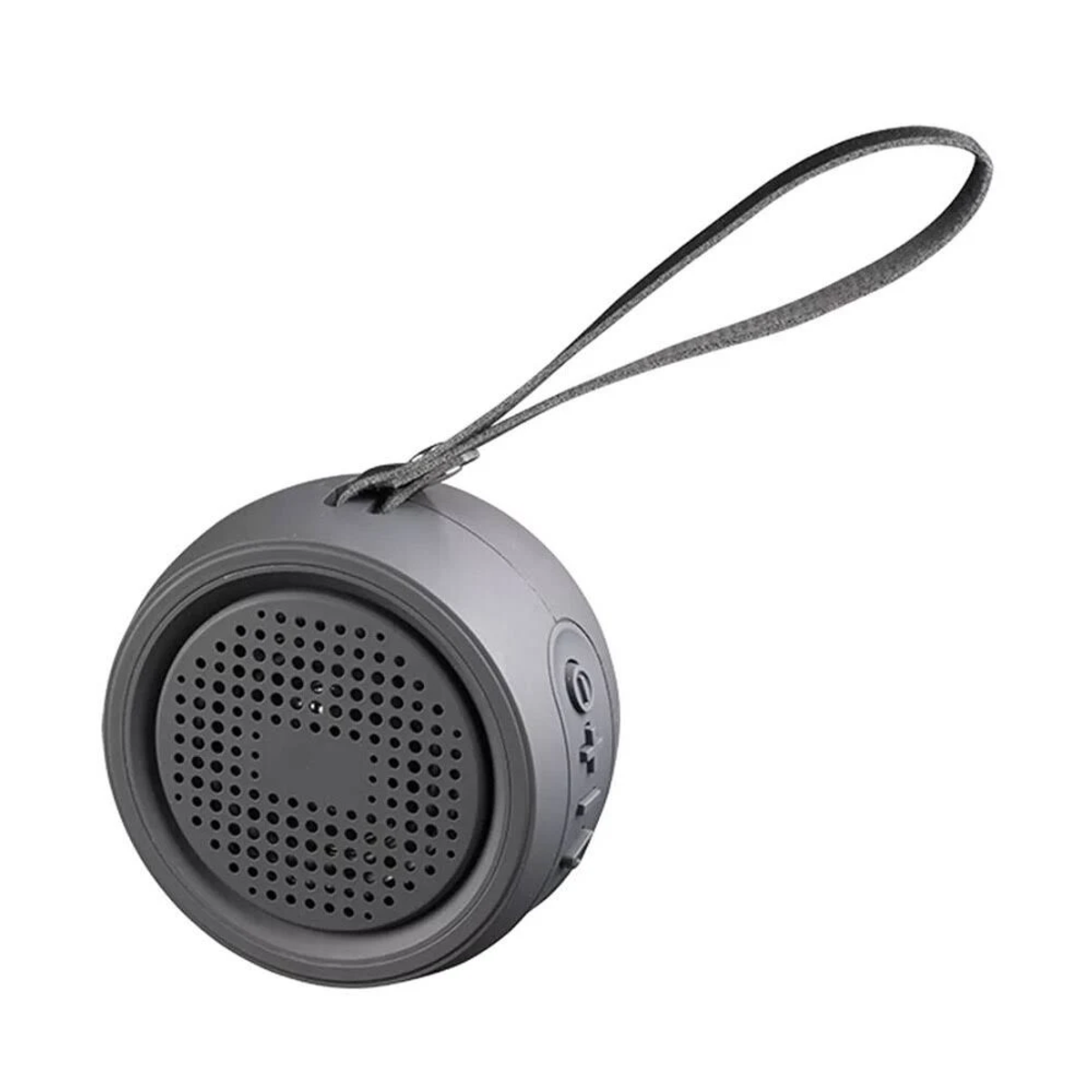 Altavoz portátil gris con bucle. Frontal perforado, botones laterales. Fondo blanco.