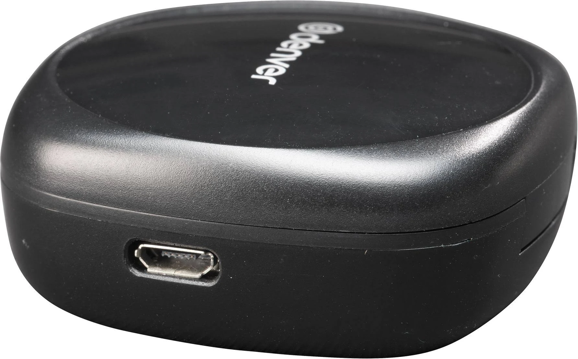 Dispositivo ovalado negro con un puerto USB en el lateral.