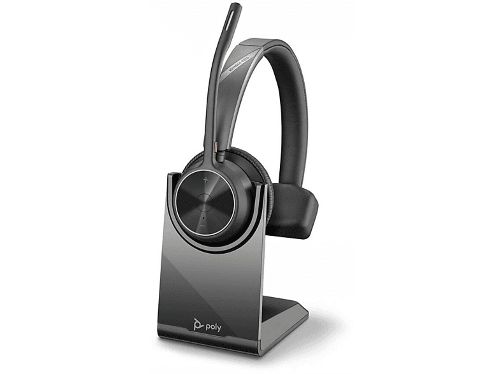 Schwarzes Poly-Headset und Ladestation. Das Headset hat ein flexibles Bügelmikrofon.