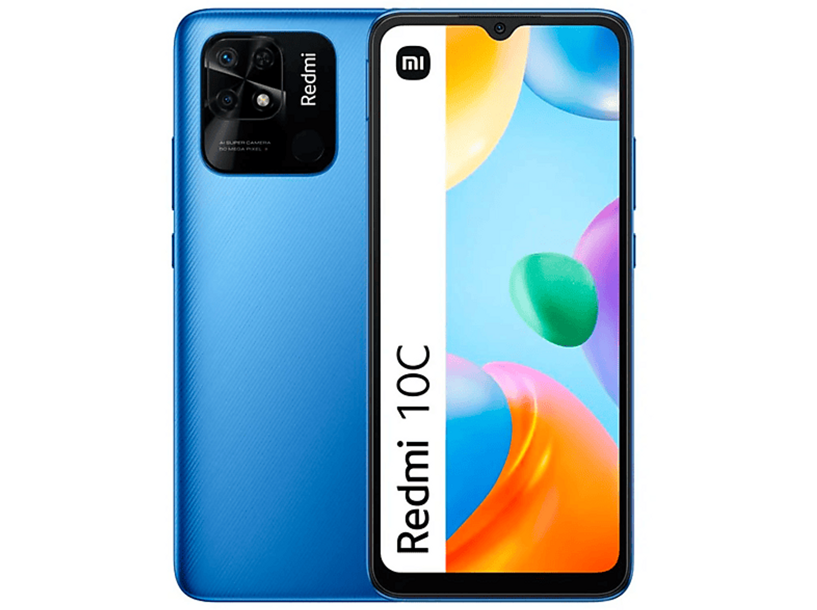 Blaues Redmi 10C-Telefon, Rück- und Vorderansicht. Weißer Hintergrund.