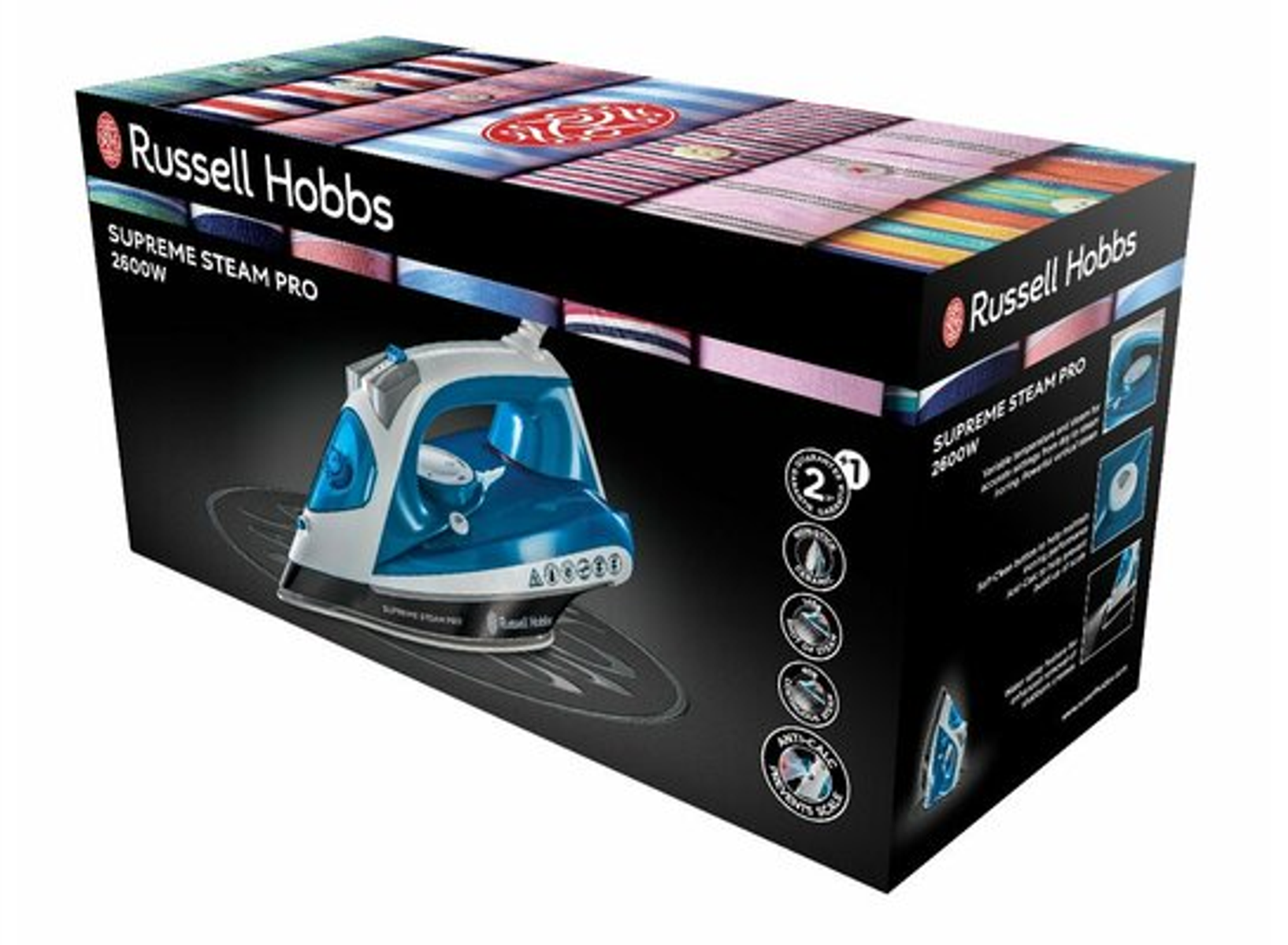 Pudełko żelazka Russell Hobbs. Żelazko jest biało-niebieskie. Pudełko pokazuje wzory tkanin.