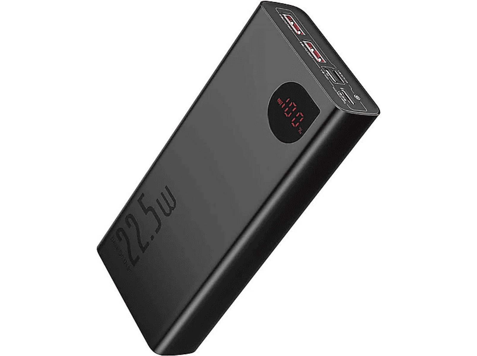 Czarny power bank Baseus z wyświetlaczem pokazującym 100%. Ma moc wyjściową 22,5 W.