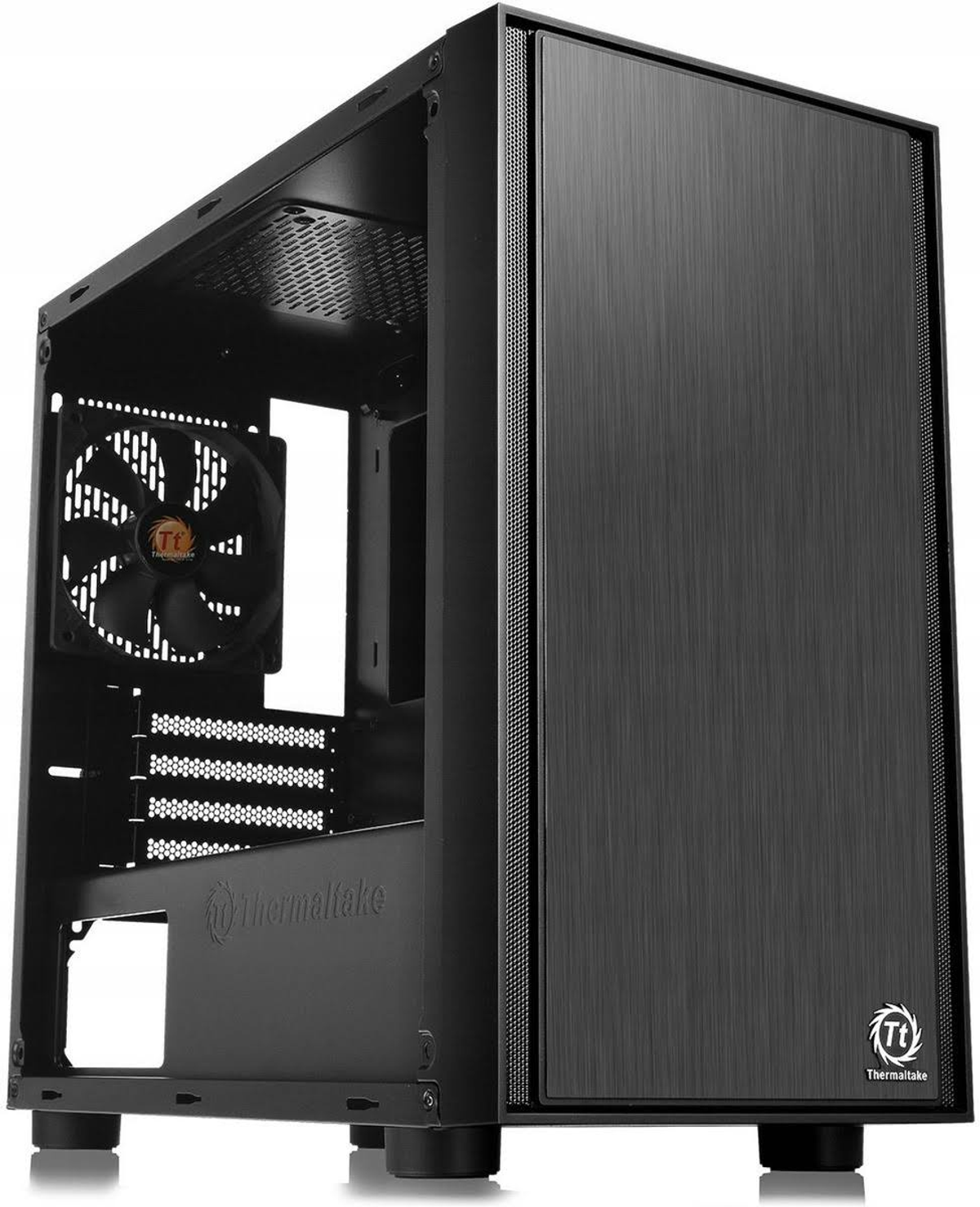 Case nero per computer con frontale a rete, ventola e logo Thermaltake. Vista angolata.