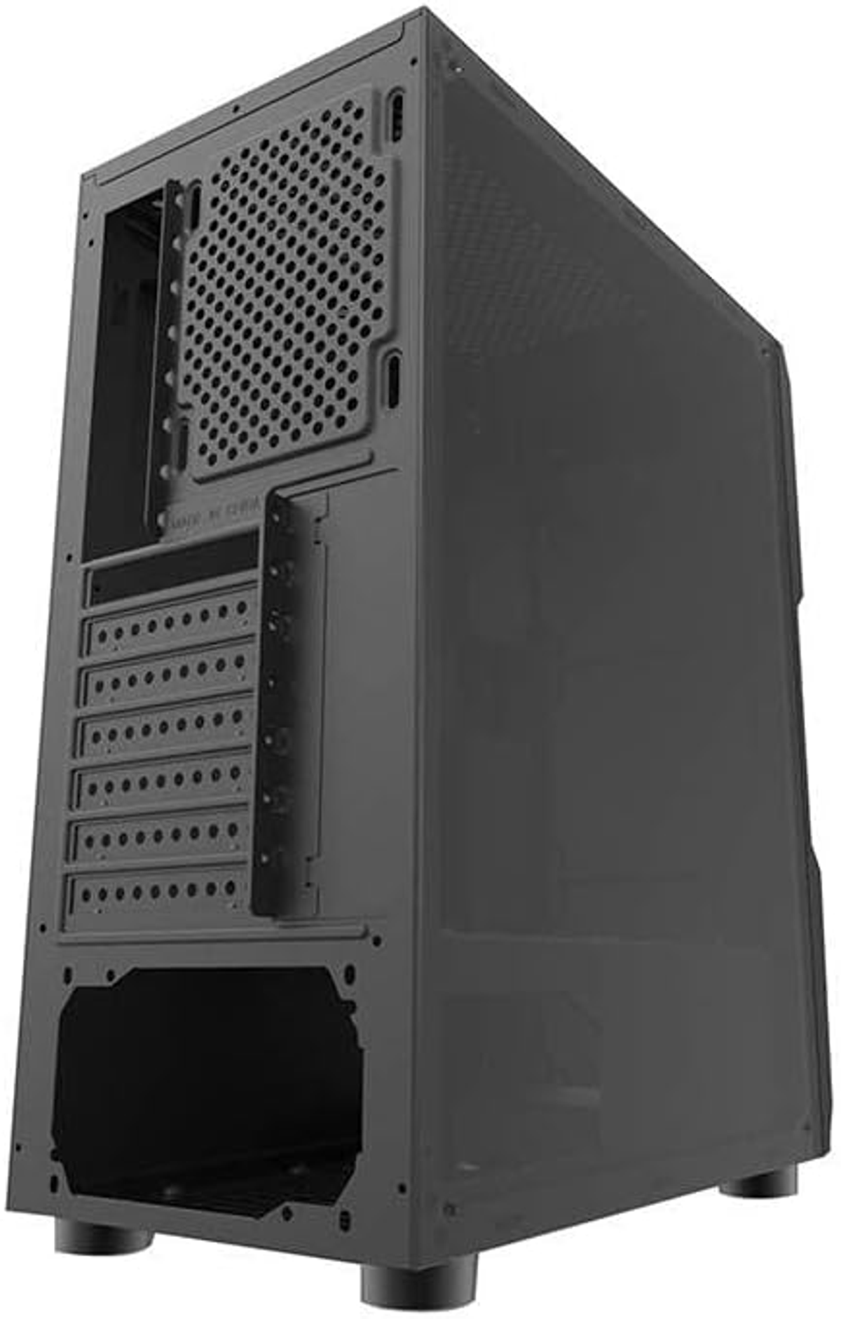 Case per computer nero. Il pannello laterale è trasparente. Pannello posteriore perforato. Sfondo nero.