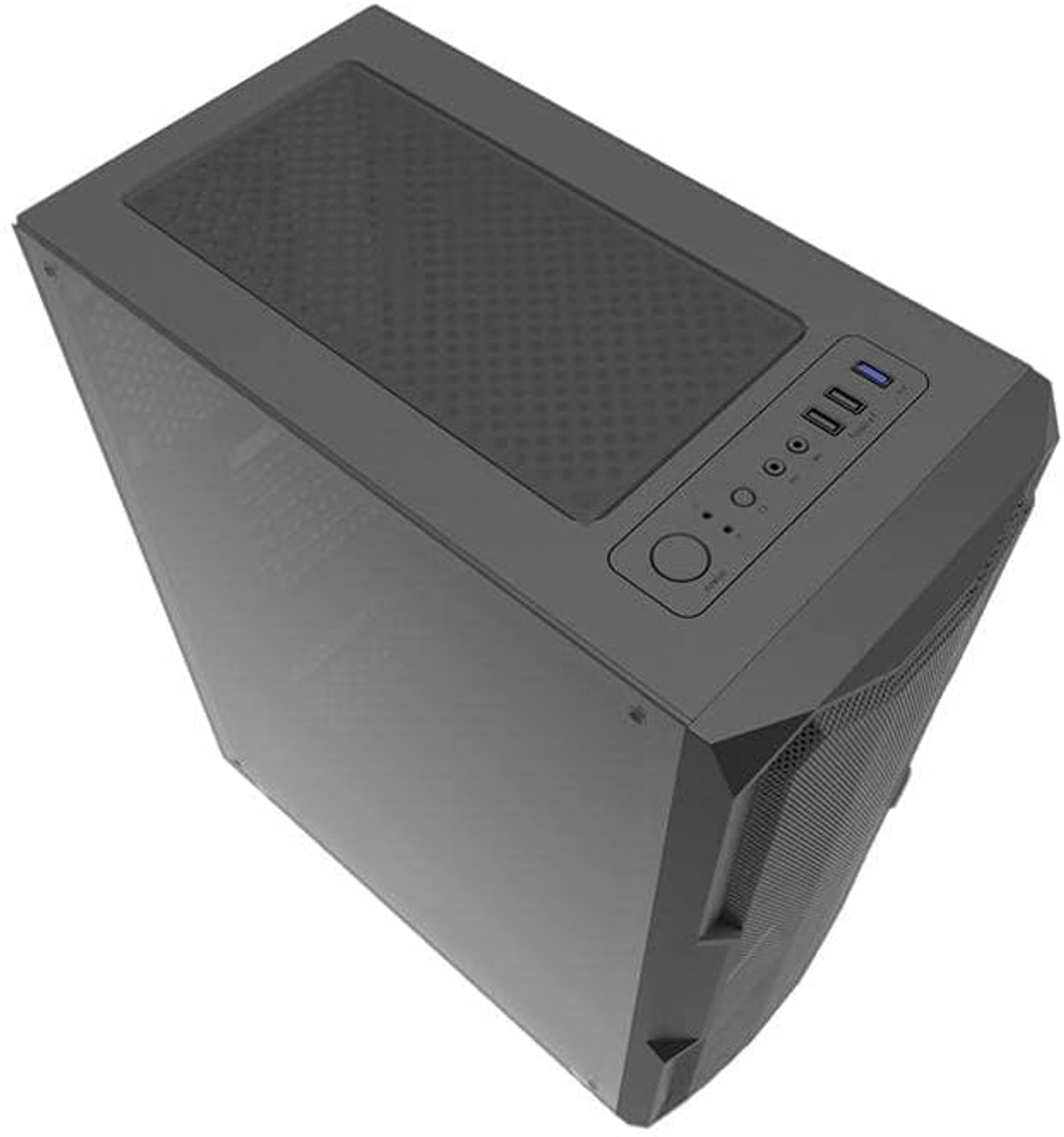 Una vista dall'alto di un case per PC grigio. Il case ha una parte superiore in rete e varie porte.