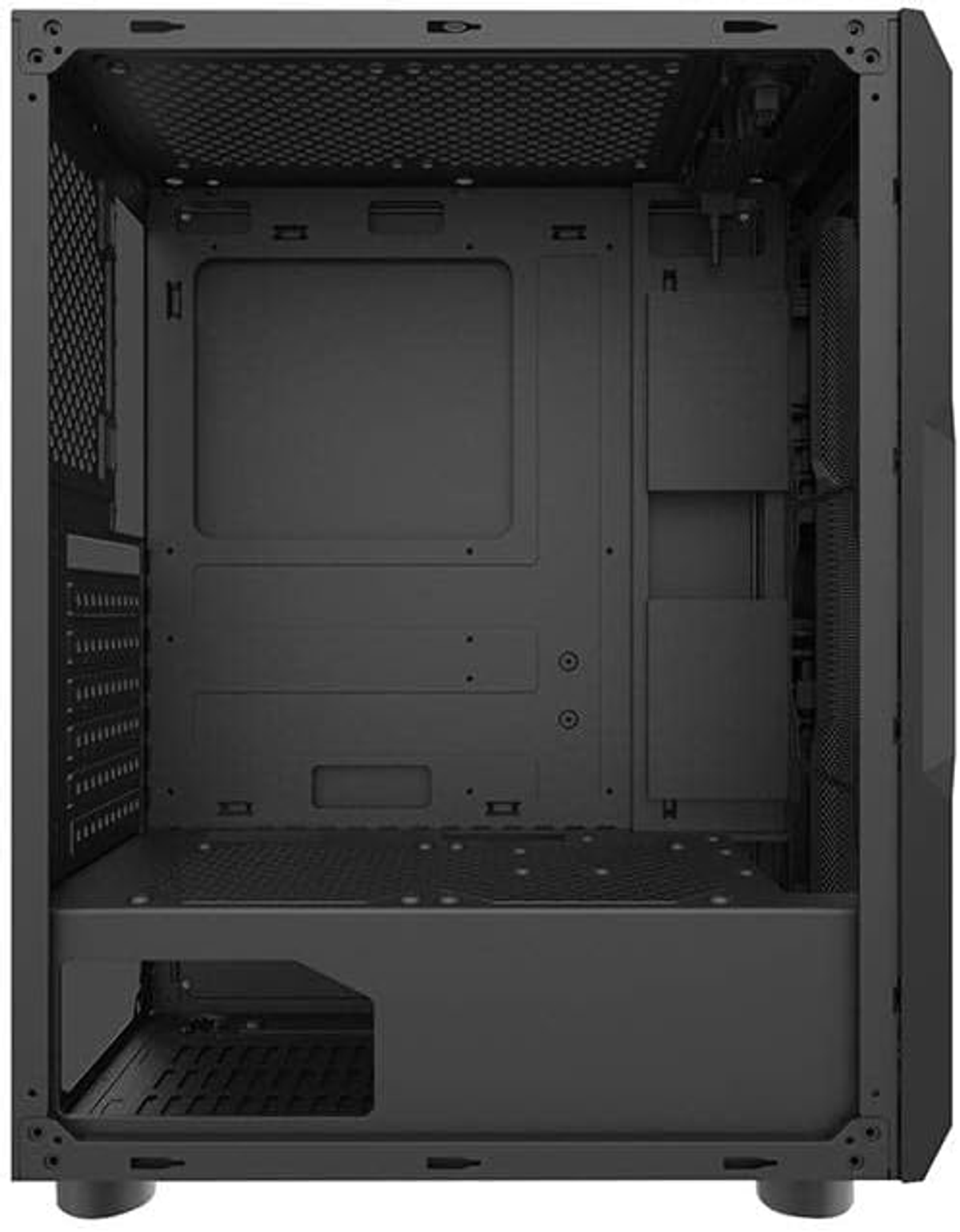Interno vuoto di un case per computer nero con vari punti di montaggio e pannello laterale a rete.