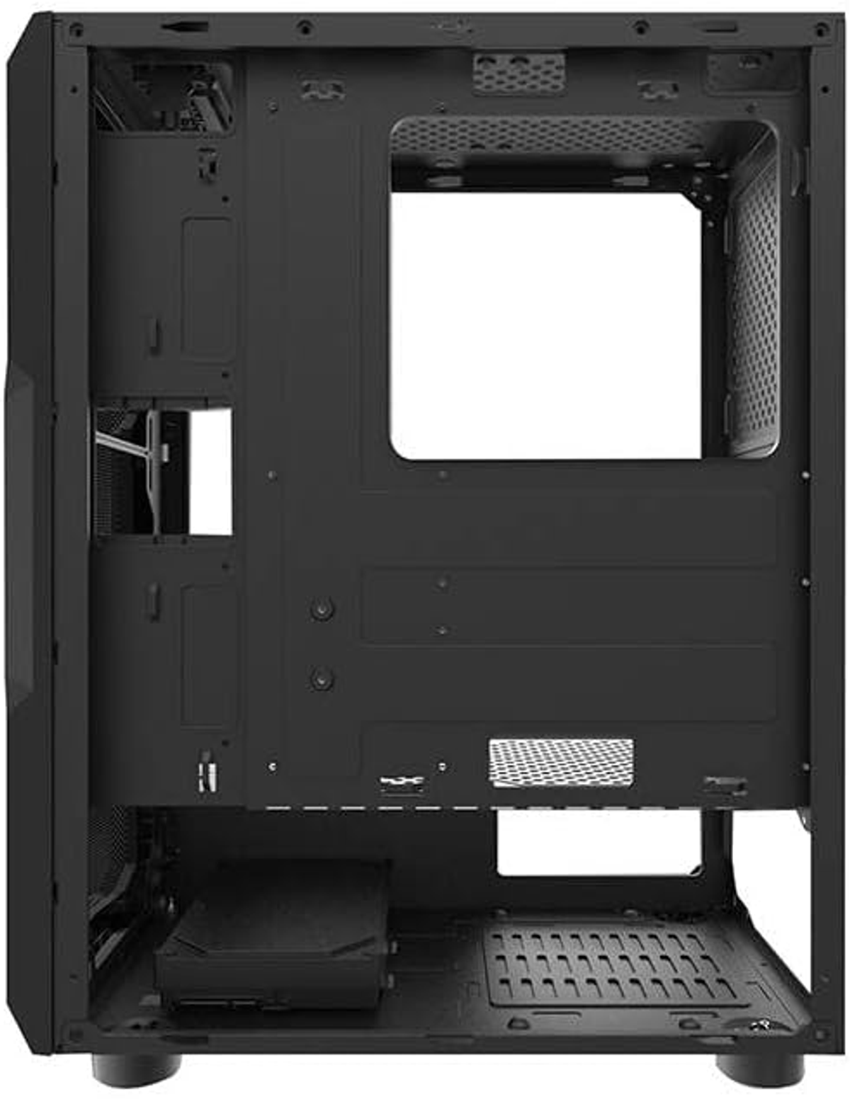 Interno del case del computer nero con aree aperte e punti di montaggio.