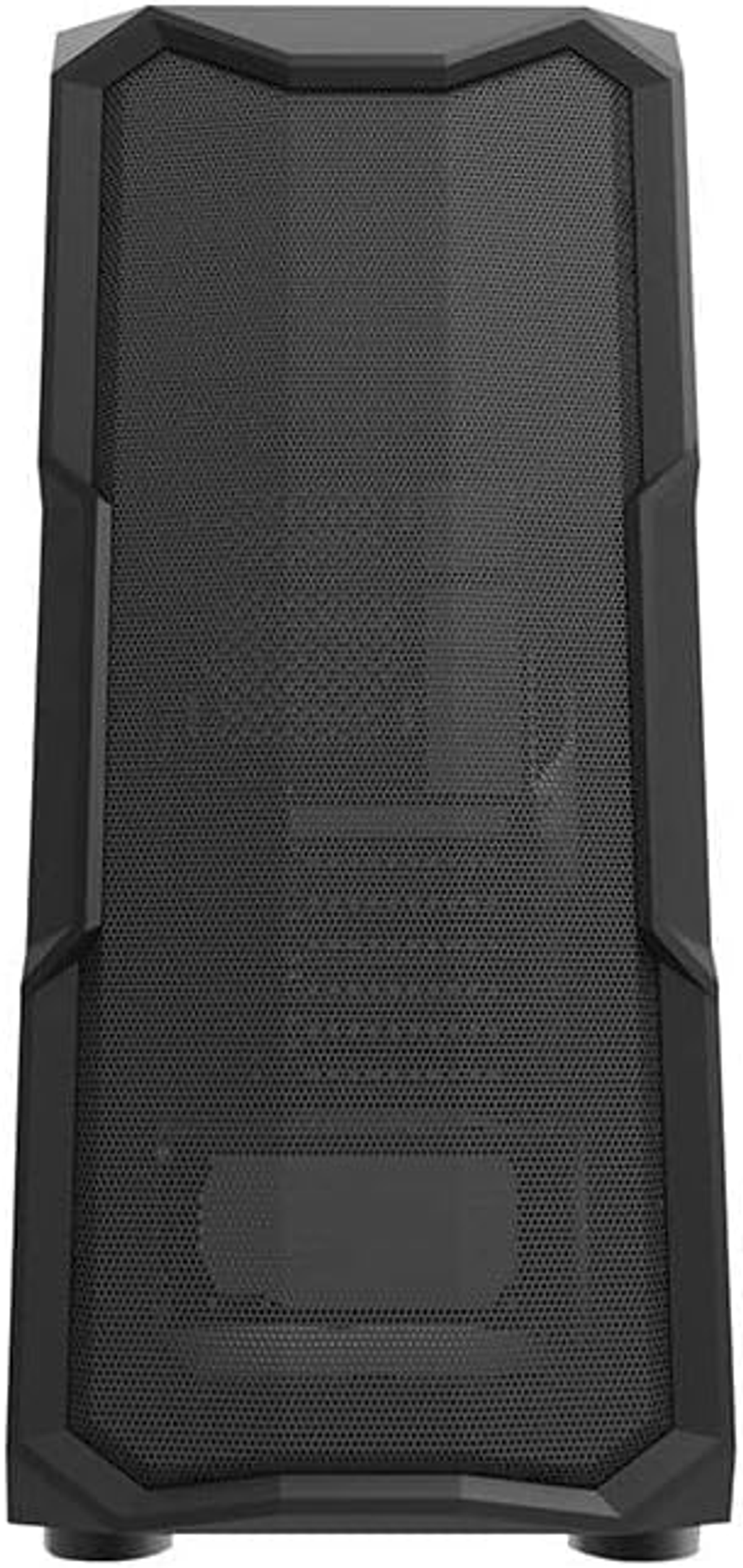 Case per computer nero con un pannello frontale a rete, in posizione verticale, con uno sfondo nero semplice.
