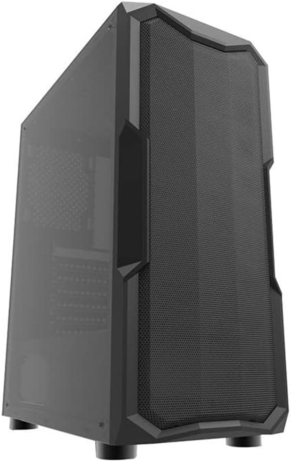 Case PC nero con pannello frontale a rete e pannello laterale in vetro temperato.
