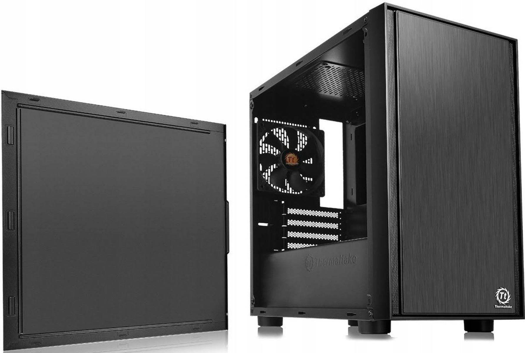 Case nero per computer con pannello laterale rimovibile. È visibile una ventola.
