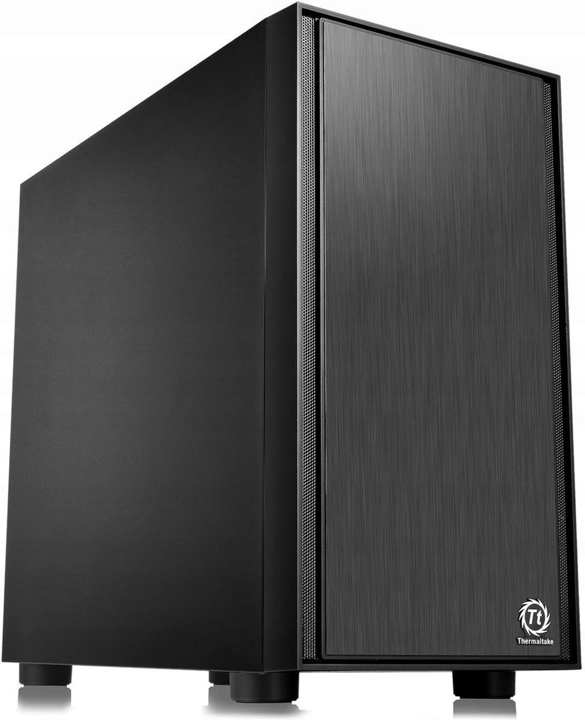 Case per computer nero con frontale in metallo spazzolato e pulsante di accensione.