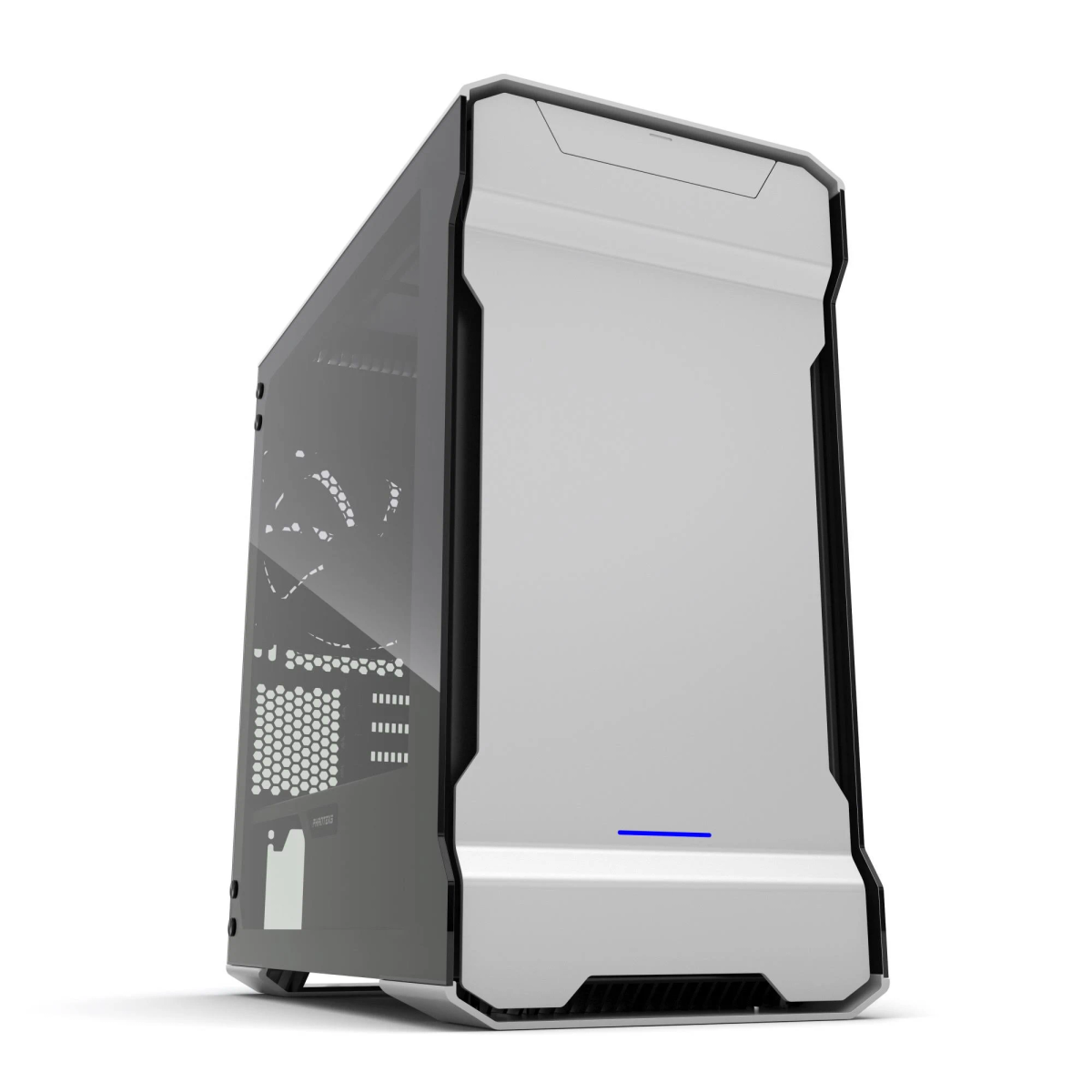 Case PC argento e bianco. Pannello laterale in vetro. Logo Phanteks visibile.