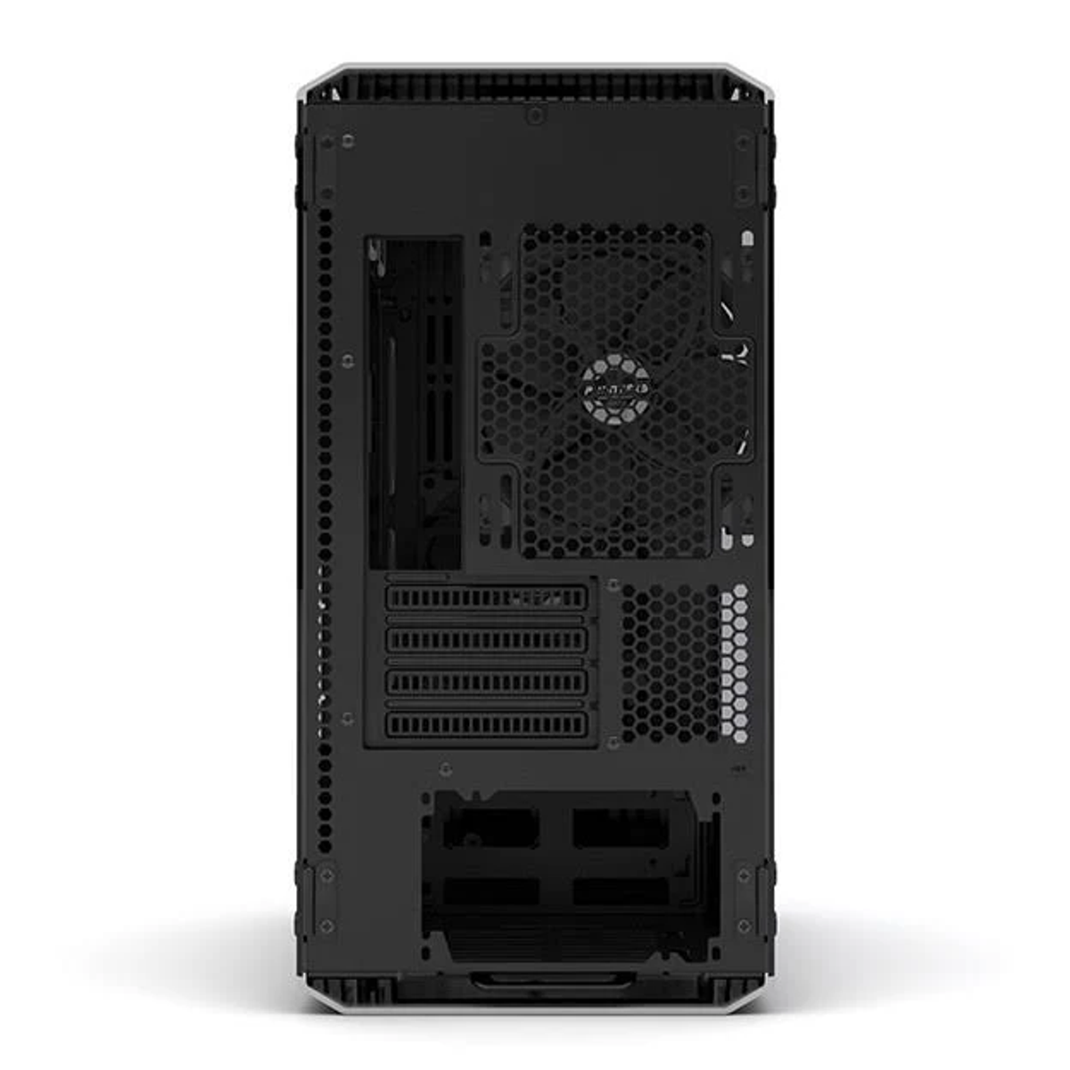 Il retro di un case per computer con una ventola e prese d'aria.