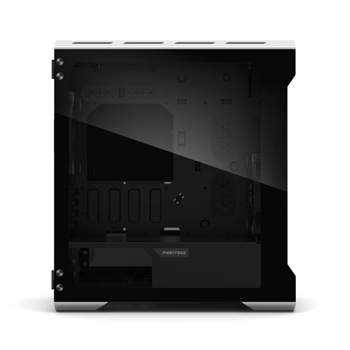 Un case per computer con pannello laterale in vetro, interno nero e scheda grafica.