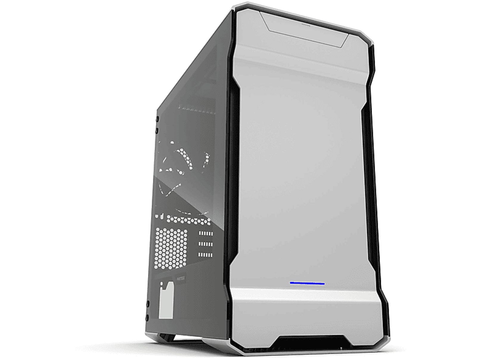 Case per computer bianco e grigio con pannello laterale in vetro. Luce blu in basso.