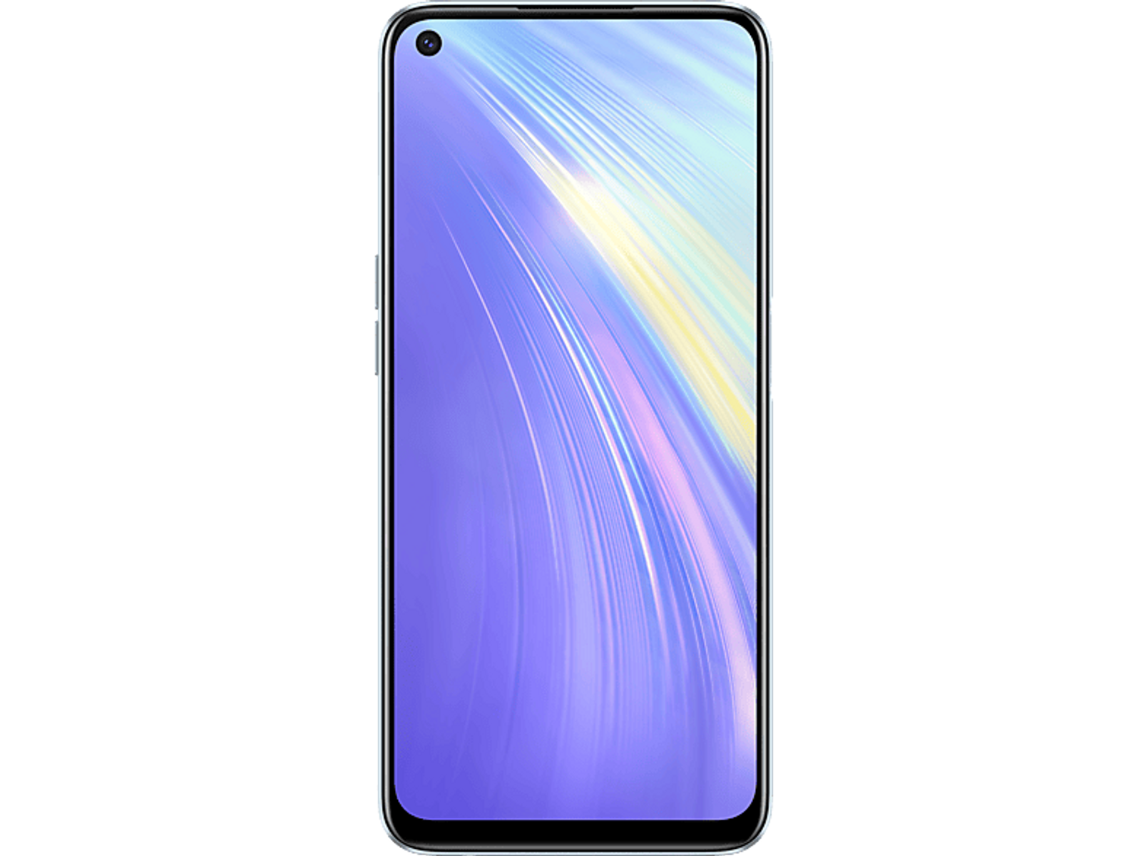 Telefon Realme z ekranem wyświetlającym jasnofioletowy gradient i przednim aparatem.