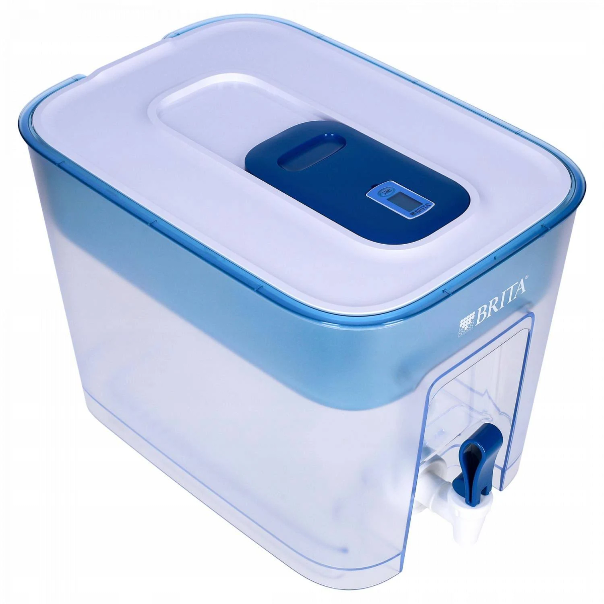 Brita Wasserfilter in Perspektive. Er ist blau und weiß, rechteckig mit Ausguss. Ein Digitaldisplay befindet sich oben.