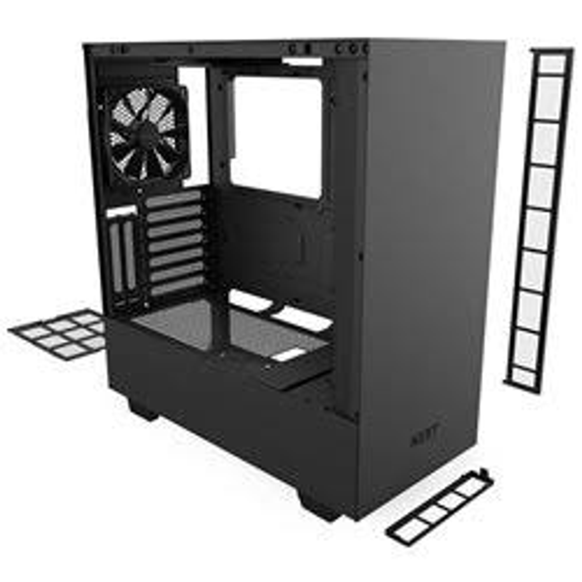 Case nero per computer con ventola e pannelli rimovibili. Vari componenti possono essere installati.