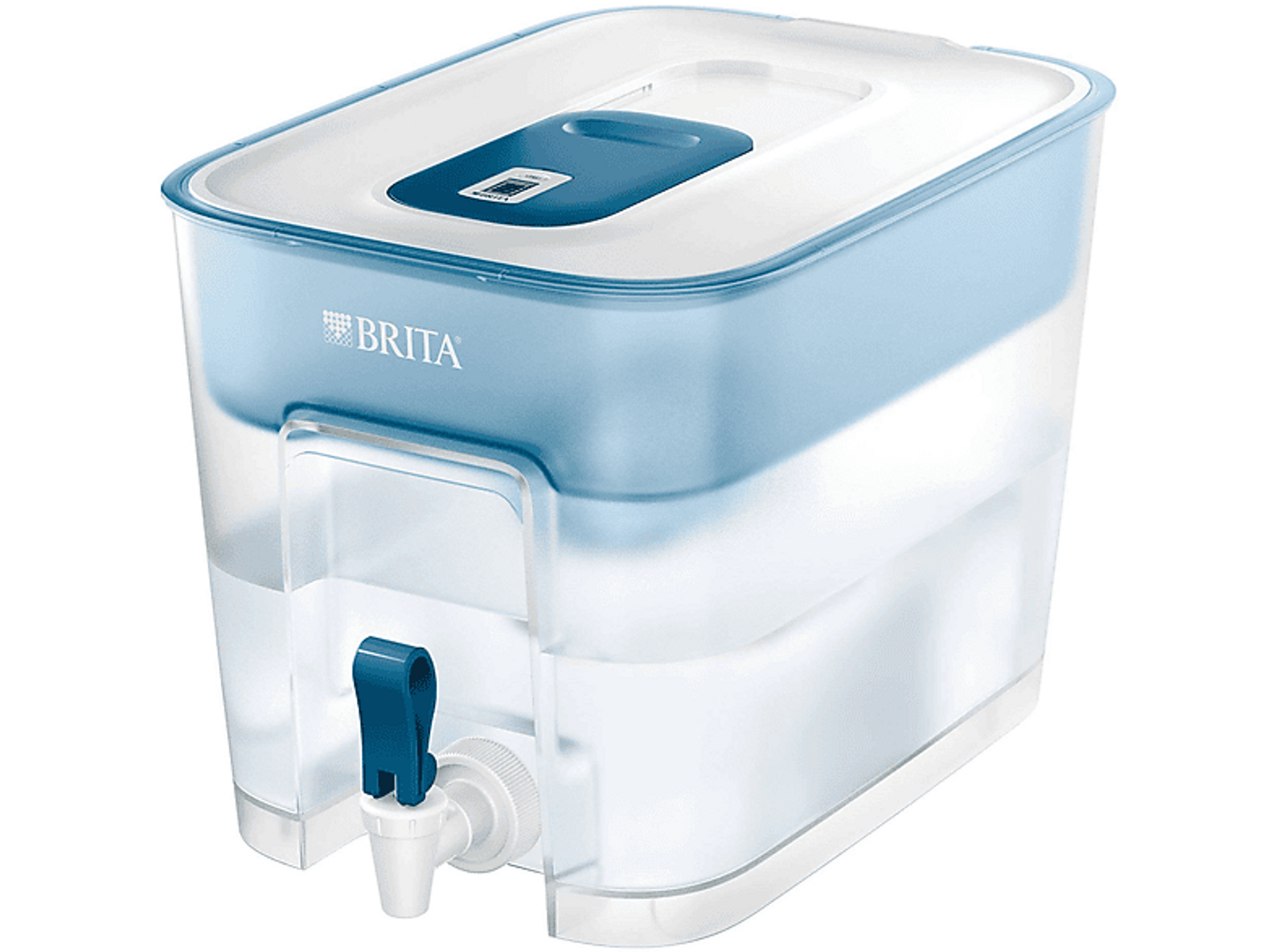 Blau-weißer Brita Wasserfilter-Krug mit Wasserhahn. Klares Wasser im Inneren.