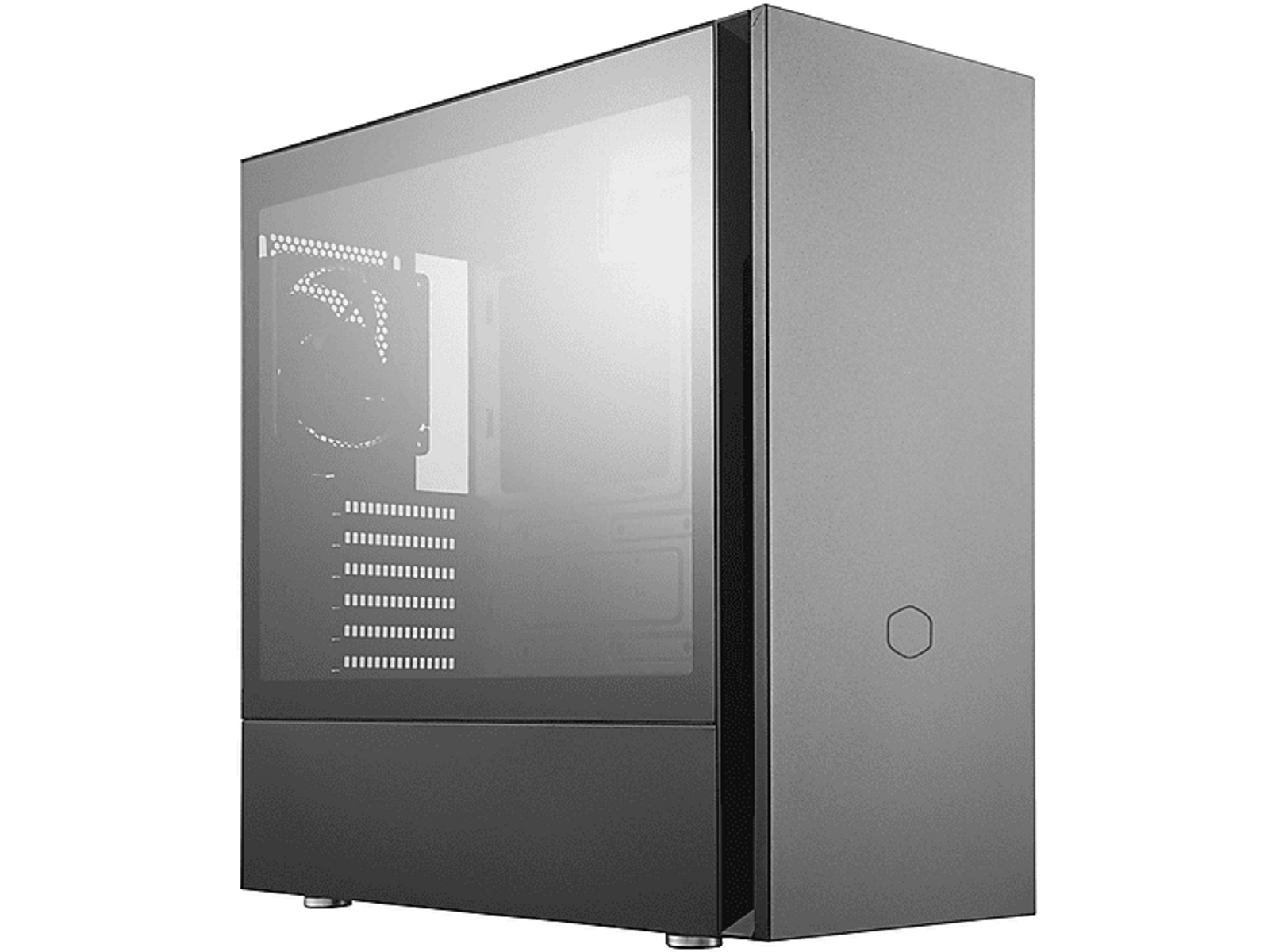 Case per computer scuro con pannello laterale in vetro. Ha una ventola visibile all'interno.