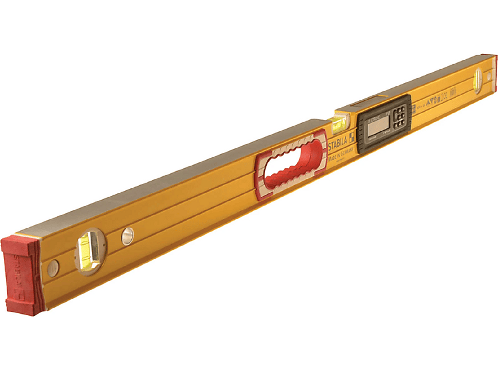 Un livella giallo con display digitale e dettagli rossi.
