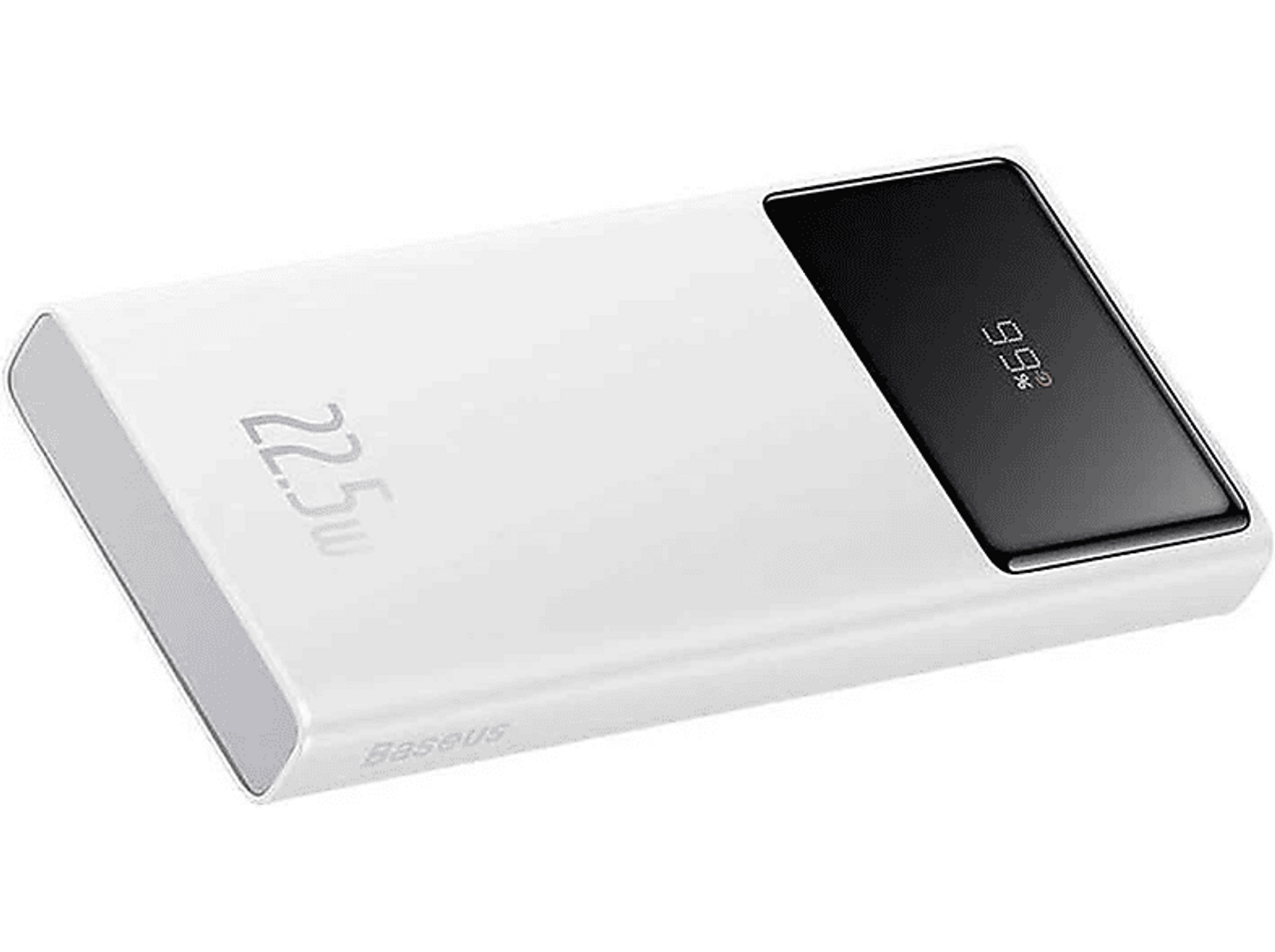 Power bank bianca con display digitale che mostra il 99%. Sfondo bianco.
