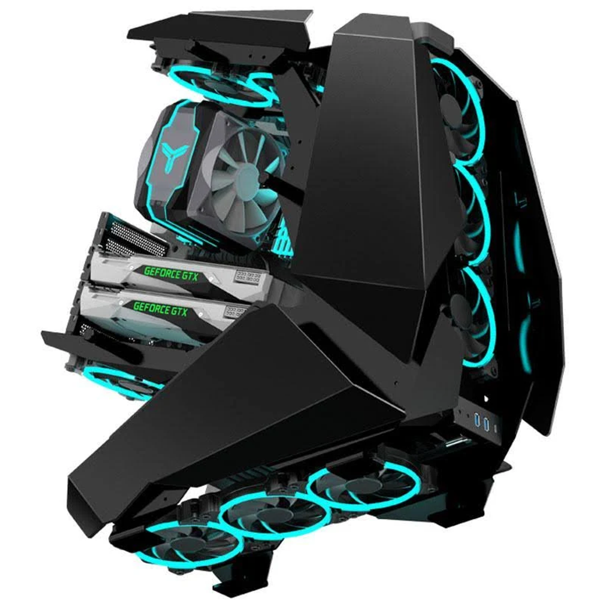 Ein schwarzes PC-Gehäuse mit blauen LED-Leuchten und mehreren Lüftern, mit Komponenten innen, schräge Ansicht.
