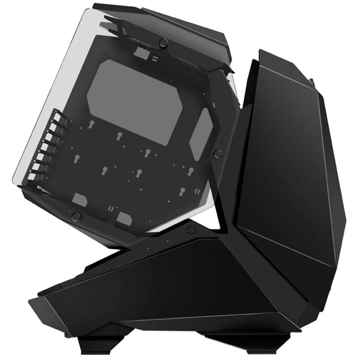 Schwarzes Computergehäuse, transparente Seitenwand offen. Eckiges Design. Schwarzer Rahmen innen.