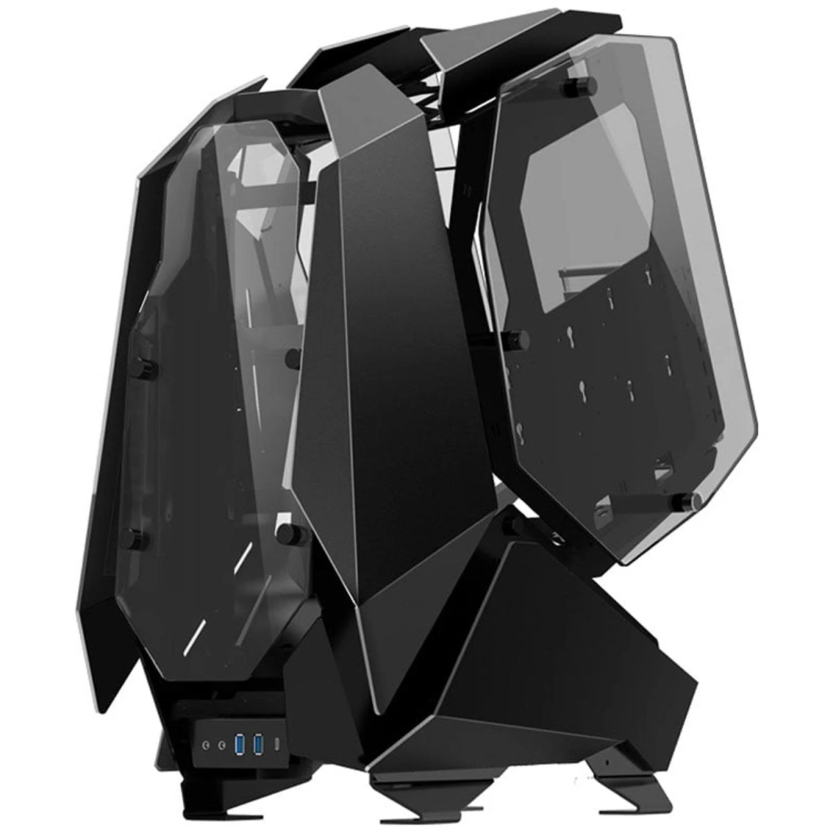 Schwarzes, eckiges Computergehäuse mit Glasplatten und Lüftungsschlitzen.