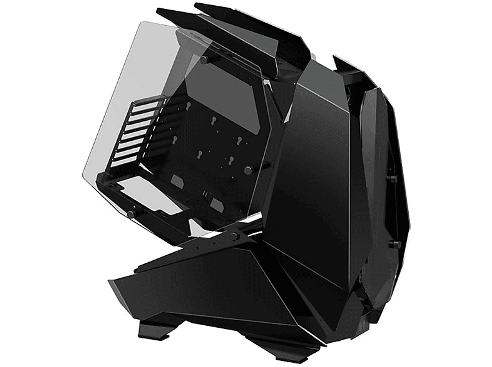 Schwarzes PC-Gehäuse mit einzigartigem Design. Es hat abgewinkelte Paneele und eine transparente Seite.