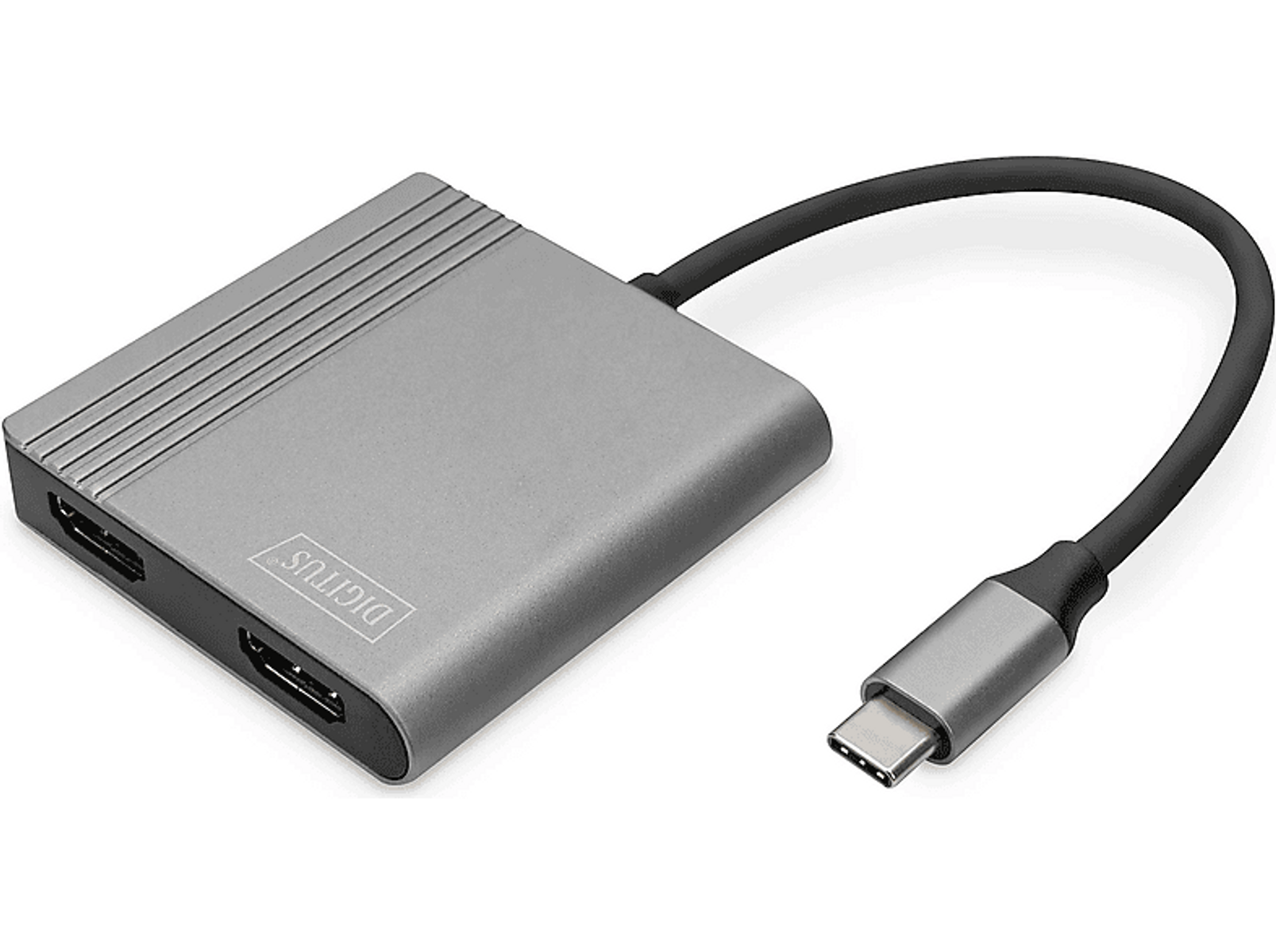 Ein silberner HDMI-zu-USB-C-Adapter mit schwarzem Kabel. Der Adapter hat zwei HDMI-Anschlüsse.