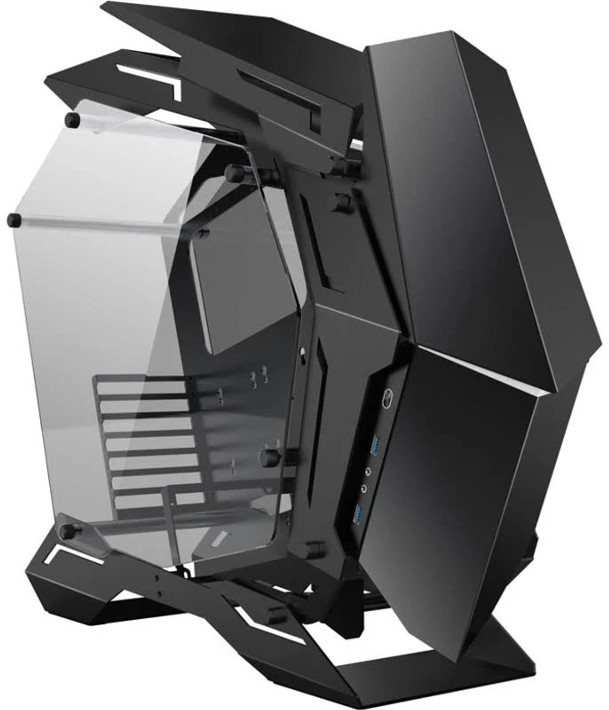 Schwarzes Computergehäuse mit Glasplatten. Es hat ein einzigartiges, abgewinkeltes Design.