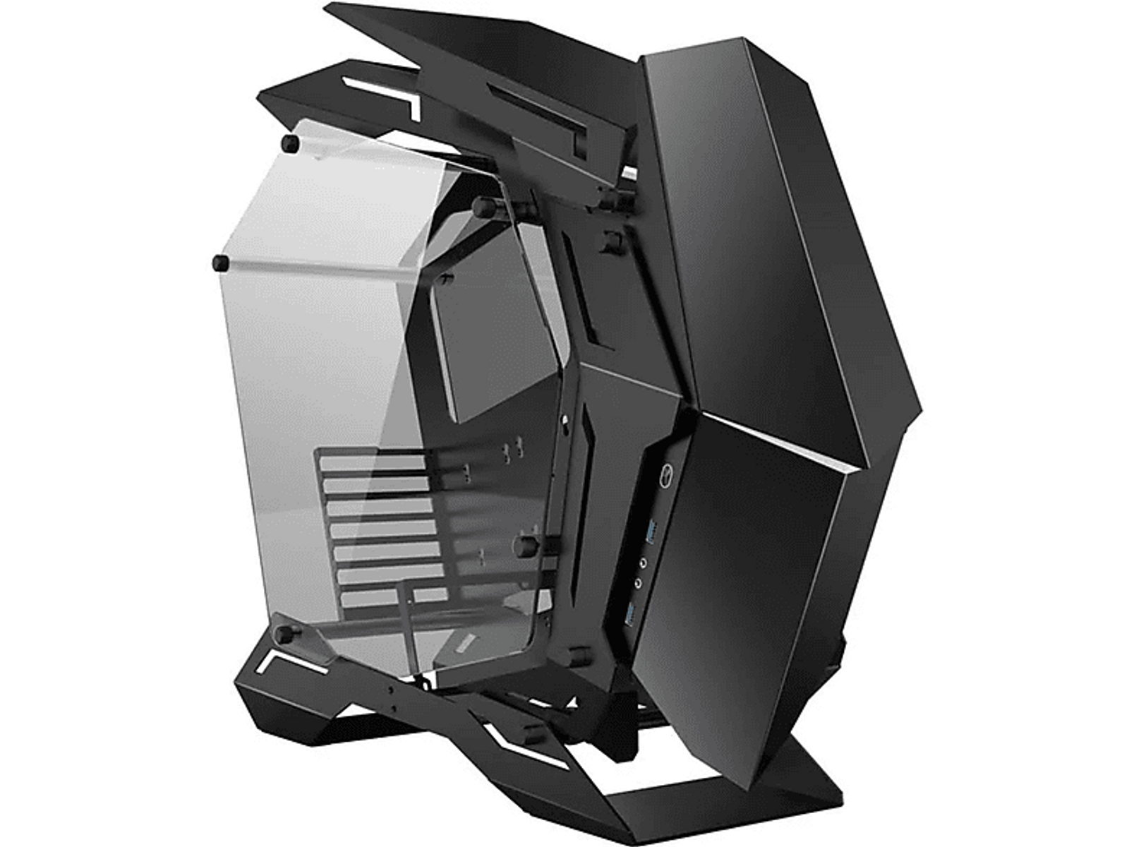 Ein schwarzes PC-Gehäuse mit Glas-Seitenwand, einzigartigem, eckigem Design und schwarzem Hintergrund.