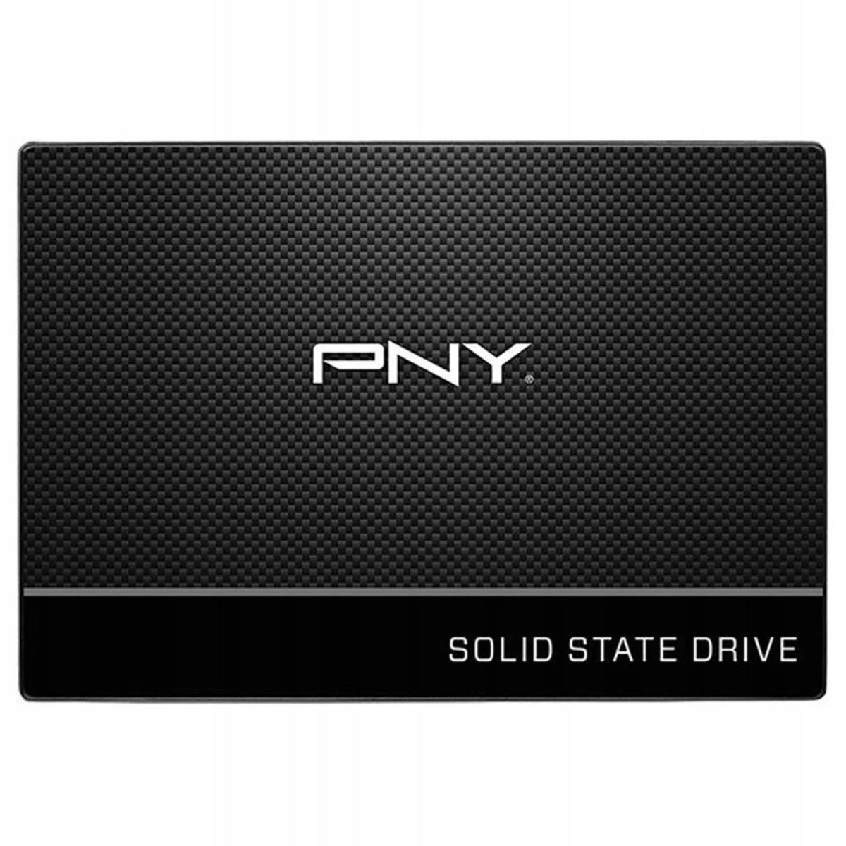PNY Solid-State-Laufwerk, schwarz mit strukturierter Oberseite und weißem Logo.