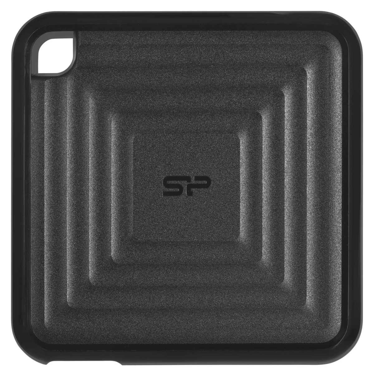 Eine schwarze, quadratische SP Portable SSD. Sie hat eine strukturierte Oberfläche und einen abgerundeten Eckausschnitt.