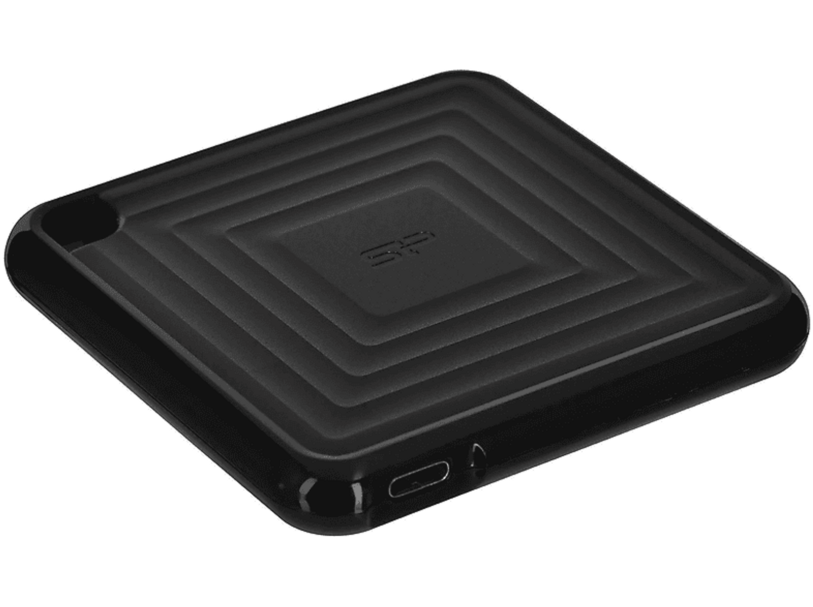 Eine schwarze, quadratische, strukturierte Hülle mit USB-C-Anschluss und SP-Logo.