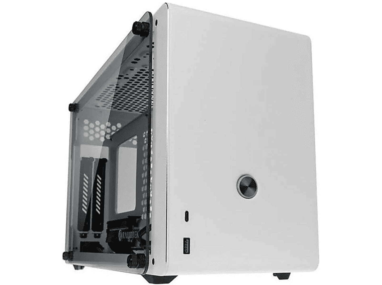 Un case per computer bianco con pannello laterale in vetro su sfondo bianco.
