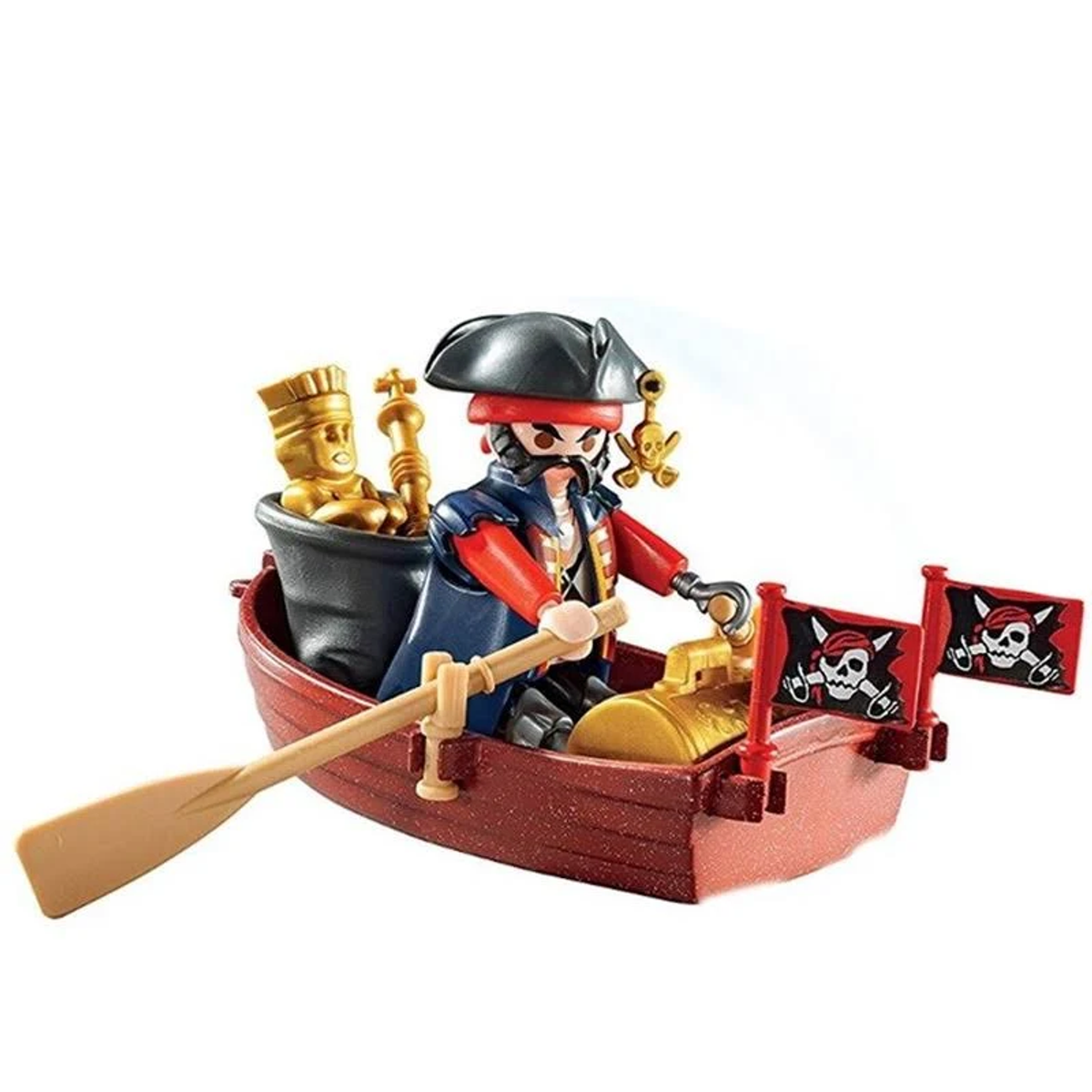 Ein Playmobil-Pirat in einem kleinen Boot mit Flaggen und einer Schatzkiste. Goldene Figur im Eimer.