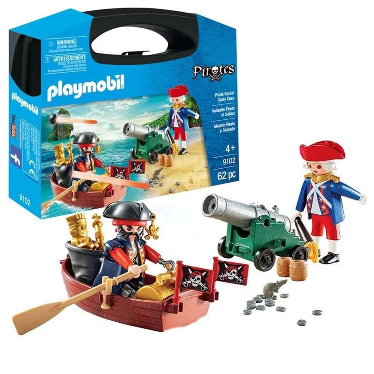 Playmobil Piraten-Set mit Figuren, Kanone, Boot und Schatzkiste in einer Box.