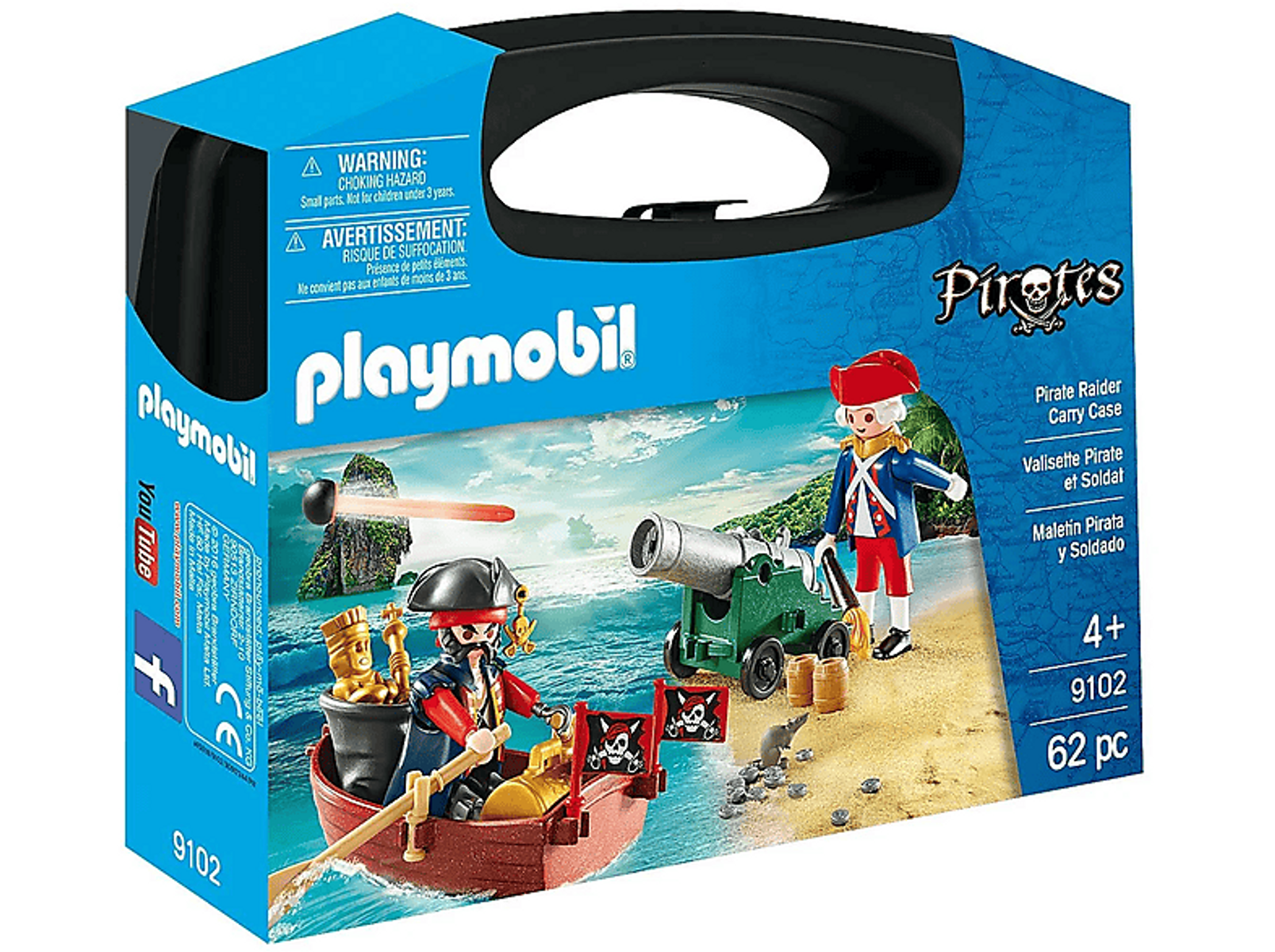 Ein Playmobil Piraten-Raider-Set in einer Box. Es zeigt Piraten, eine Kanone und ein Boot.